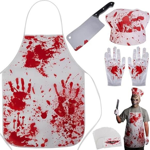 Halloween Butcher Costume Set- Cooking Chef Apron Gloves Prop Knife Tattoo - Picture 7 of 7